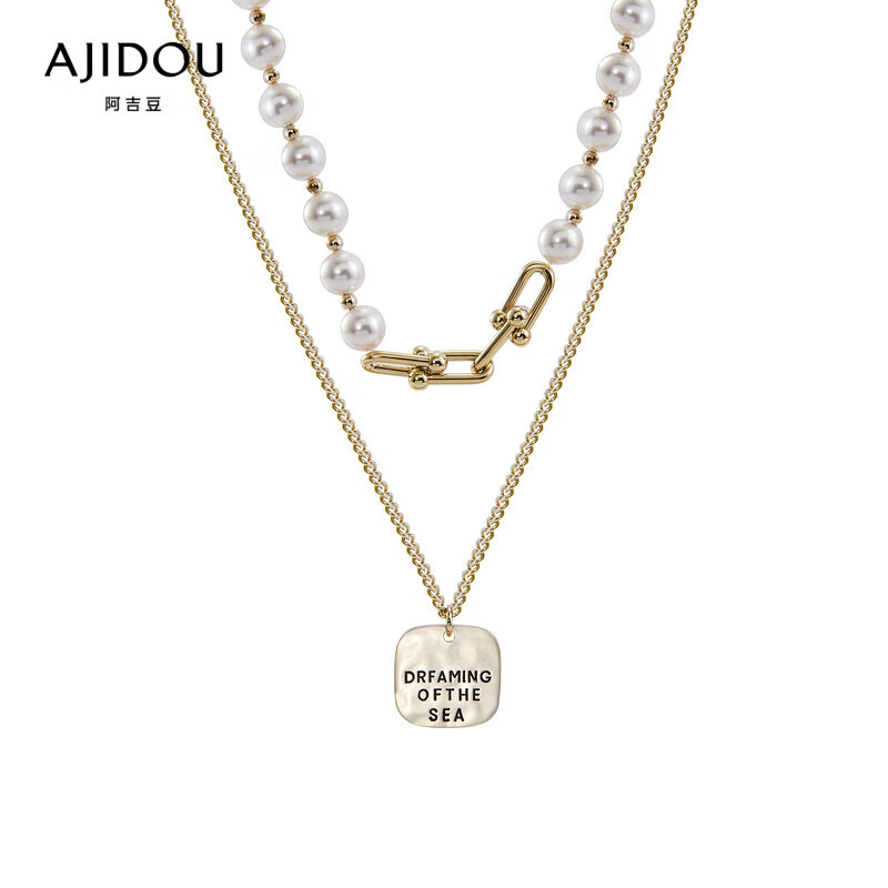 ajidou阿吉豆渐变珍珠字母方牌双链叠戴项链 复古铜,金
