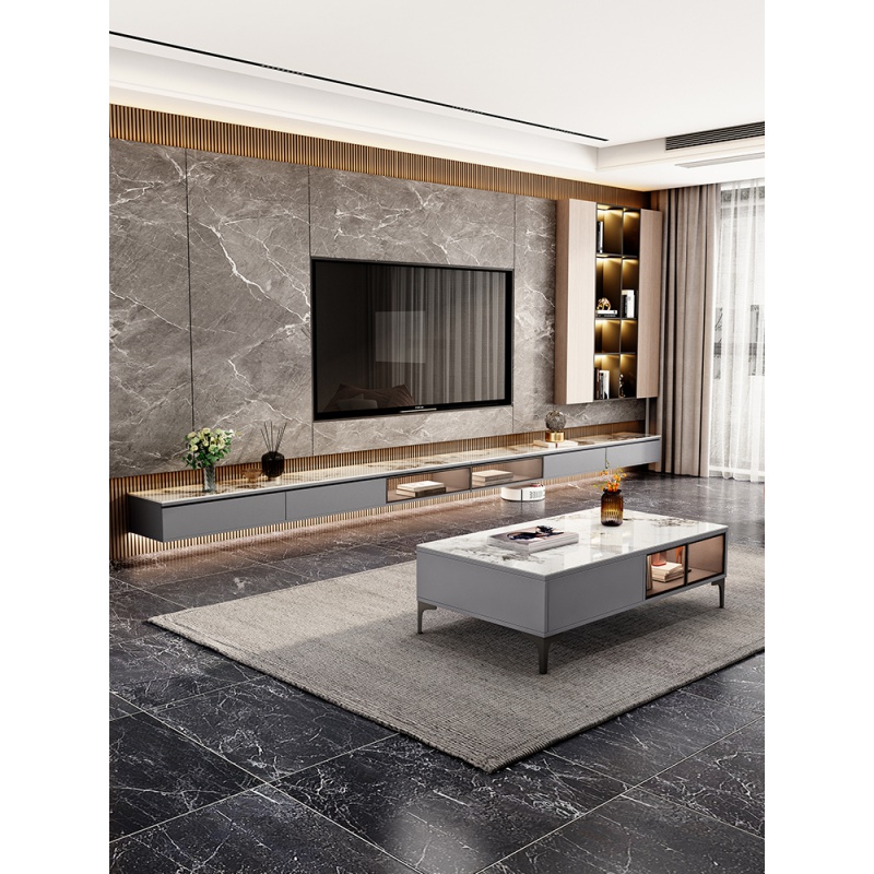 悬空电视柜现代简约轻奢悬空电视柜茶几组合客厅壁挂式潘多拉岩板地台