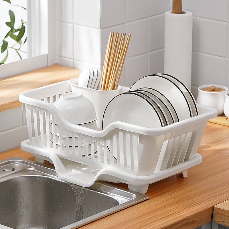家の物语日本碗碟收纳架沥水碗盘架厨房沥水塑料家用单层小型筷滤水放碗架 米白色
