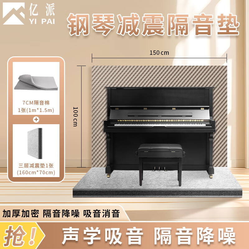 億派減震墊隔音鋼琴隔音棉墻體防震墊止震消音地墊隔音棉超強(qiáng)消音棉 灰色背膠隔音棉1*1.5M+減震墊