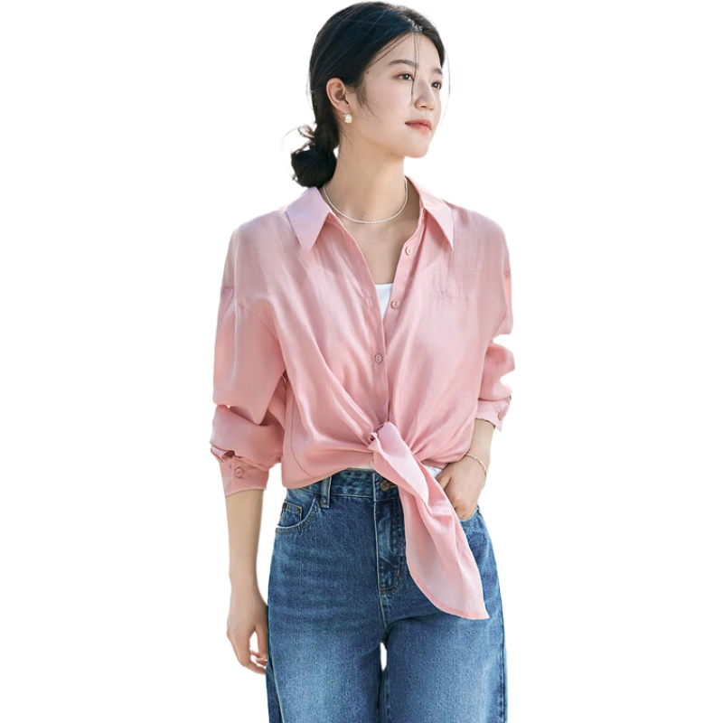 茵曼（INMAN）章若楠同款歐若風天絲薄開衫女裝襯衫2025夏季新品長袖襯衣 經典款-粉紅色 S