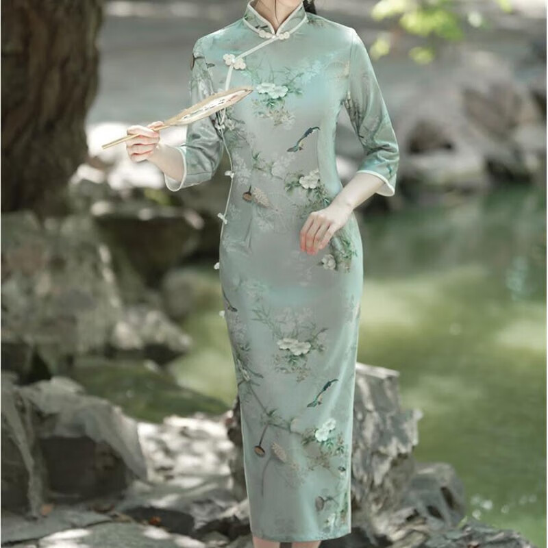 旗袍裙女中国风2022秋冬新款老上海复古民族风植绒提花七分袖旗袍改良少女旗袍裙 顾眷年 植绒提花灰绿 S怎么样,好用不?