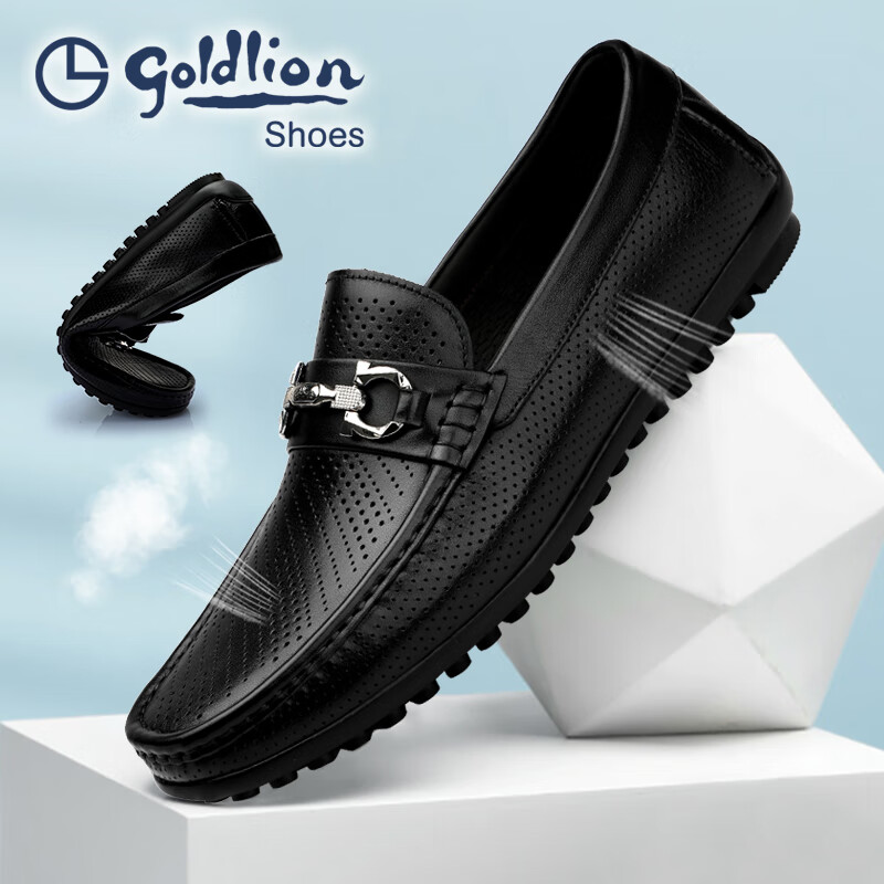 金利来(Goldlion)凉皮鞋男 夏季冲孔男士豆豆鞋 圆头镂空休闲凉鞋 软皮套脚乐福鞋 黑色 42
