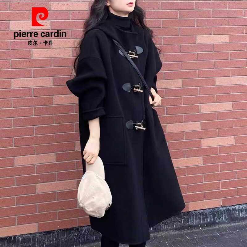 皮尔卡丹（pierre cardin）牛角扣双面羊绒大衣女2023年秋冬新款中长款连帽小个子羊毛呢外套 黑色 S 120斤以内怎么样,好用不?