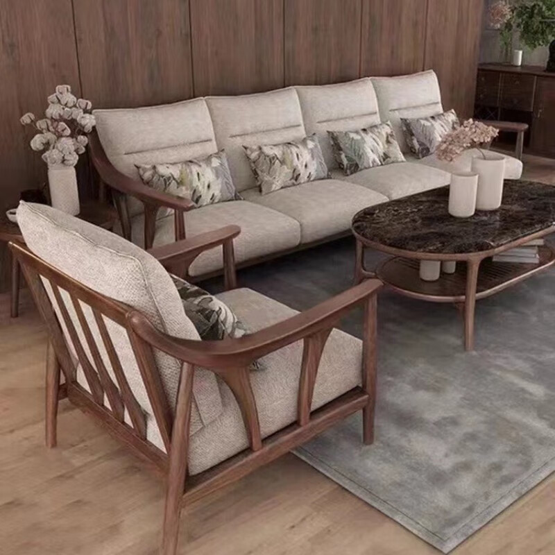 北欧全实木沙发组合现代简约新中式布艺沙发小户型客厅家具胡桃色 三人