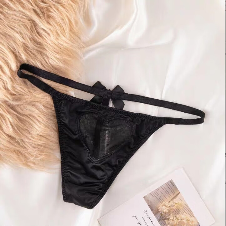 绸缎轻奢一条带光滑真丝情趣丁字裤女性感爱心t裤镂空细带低腰 黑色 m