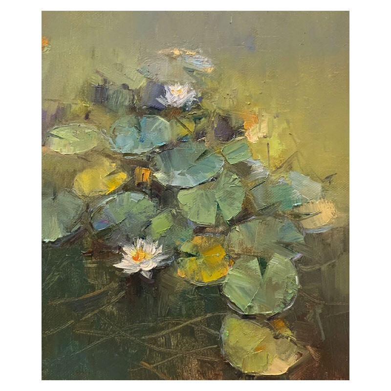 米聆 世界名画莫奈睡莲纯手绘油画新中式荷花装饰画客厅挂画玄关肌理