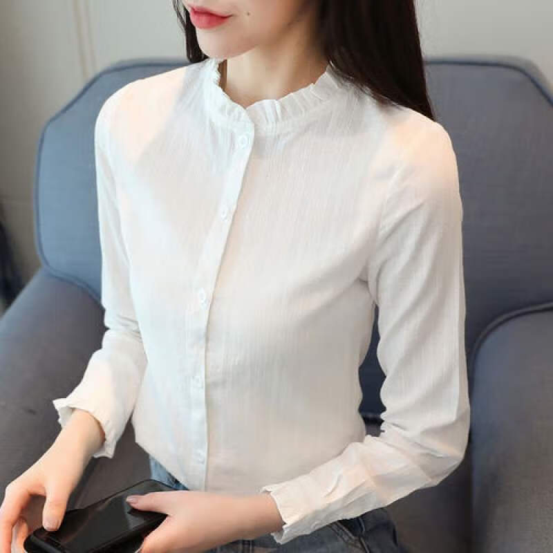 新款时尚木耳领立领清新白女女士甜美衬衣女式洋气质上衣女款减龄小衫