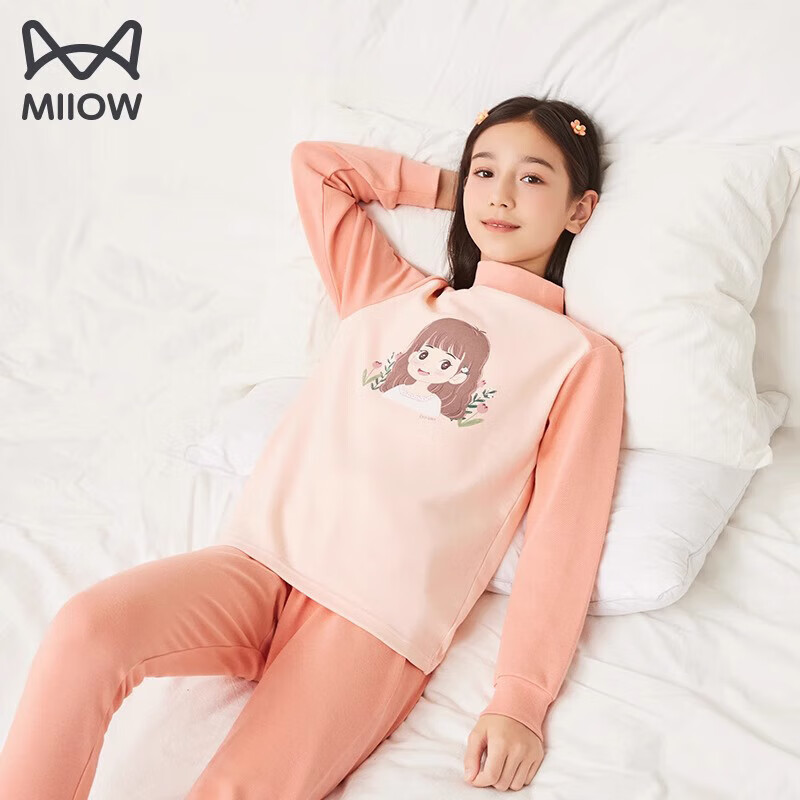 猫人（MiiOW）女童纯棉秋衣秋裤儿童保暖内衣套装全棉中大童棉毛衫春秋家居服 紫色logo 圆领 140 建议体重49-69斤