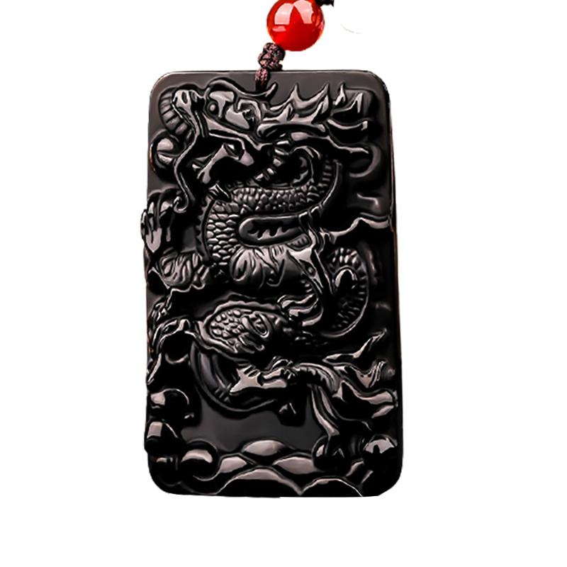 初緣 冰種黑曜石吊墜男女款龍牌項鏈本命年蛇年禮物送家人長輩男女友 黑曜石龍牌