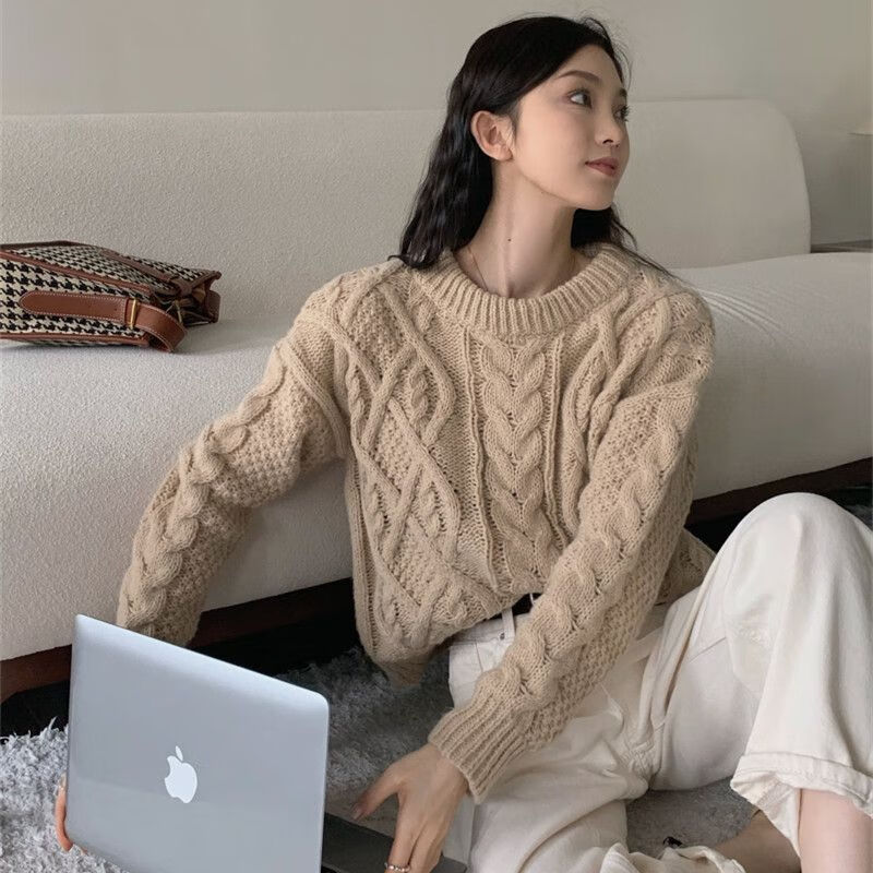 晓雾粗麻花港风女毛衣秋装新款上挡次法式慵懒风复古编织麻花粗线毛衣