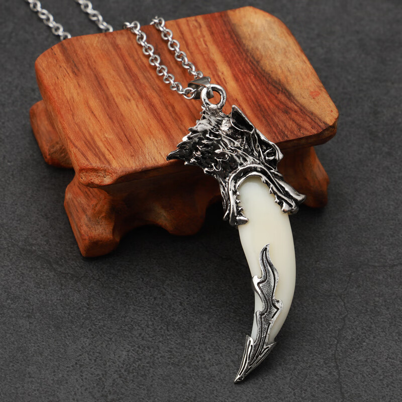 品饰匠 仿狼牙吊坠 复古野性牛皮绳霸气男士项链个性生日礼物手工牙套