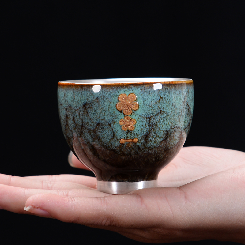 静玄 茶杯主人杯单杯陶瓷鎏银茶杯纯手工小号喝茶杯茶具礼盒装 绿色