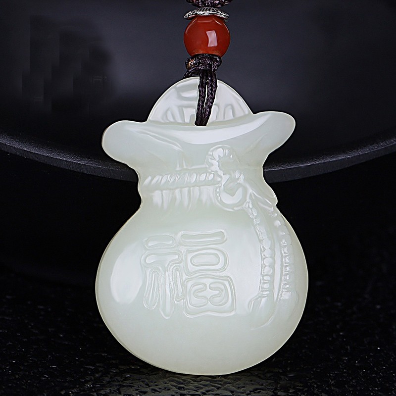 暗杠天然和田玉白玉福袋吊坠 玉石钱袋子玉佩挂件送女友附证书 为玉附