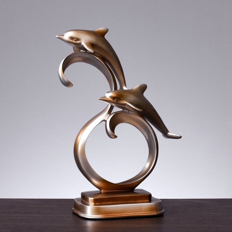 客厅酒柜摆设办公室软装摆件树脂工艺品 踏浪前行海豚a款【香槟色】