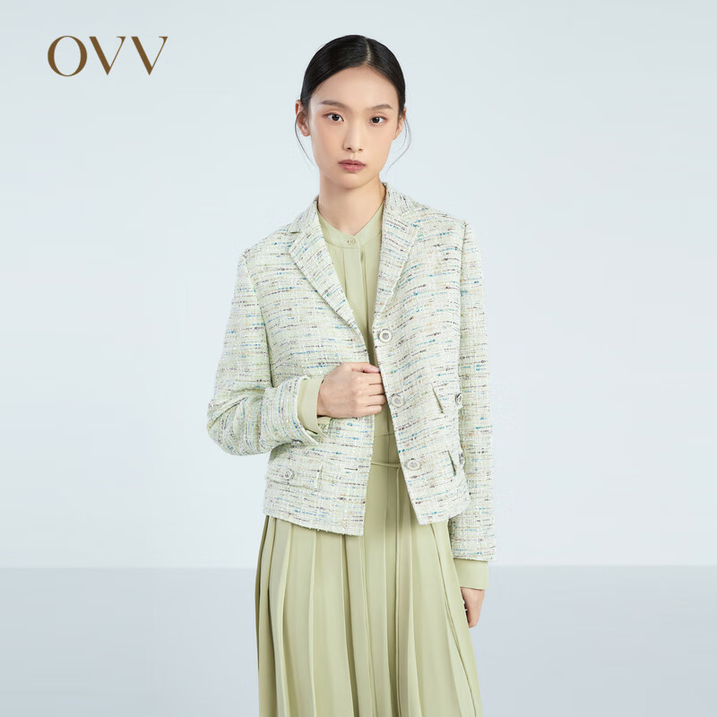 OVV2023春夏新款女装经典粗花呢时尚花纱短款西服外套 浅绿花纹01 M