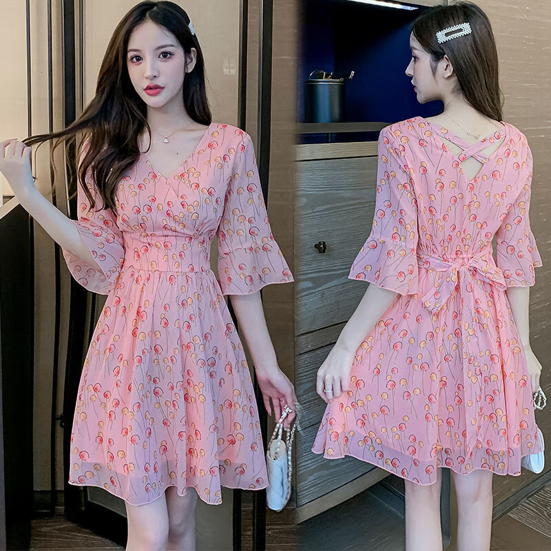 倍安伦(beianlun)法式雪纺碎花连衣裙女中袖雪纺碎花连衣裙女名媛修身