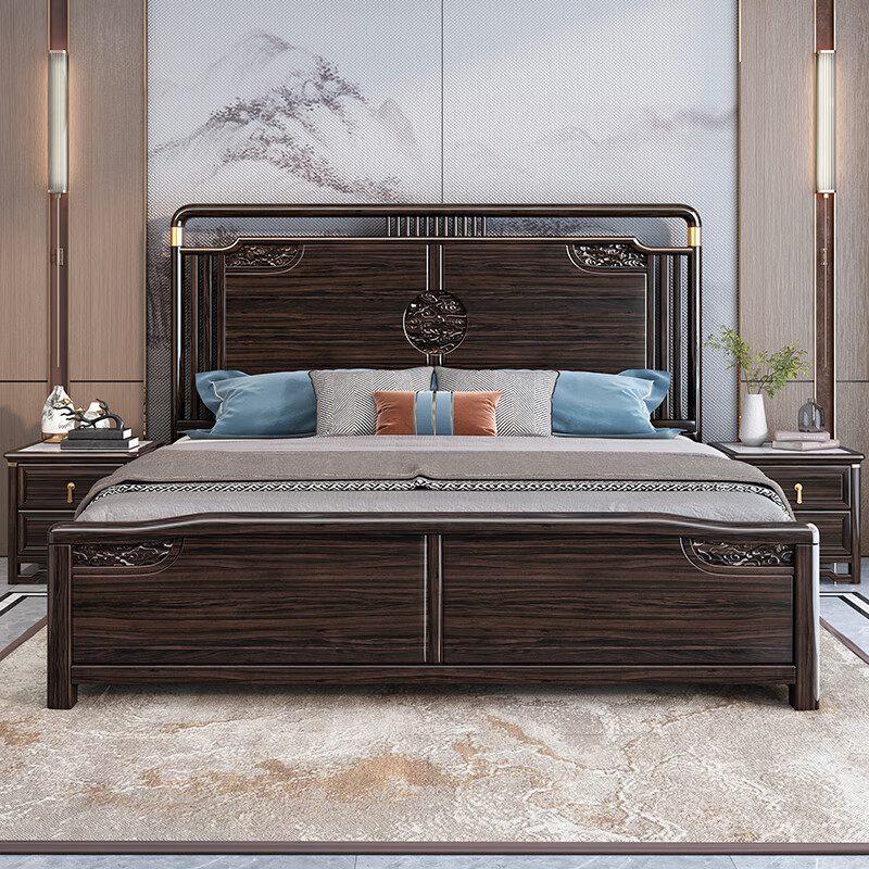 非凡福邸乌金木床新中式实木床双人床1.8主卧大床乌金木1.
