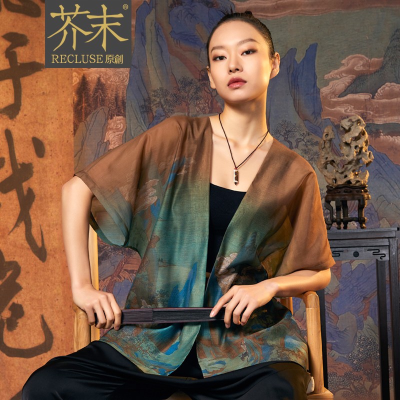recluse梦渚复古青绿山水印花防晒外套国潮设计师款禅意汉服外搭 印花