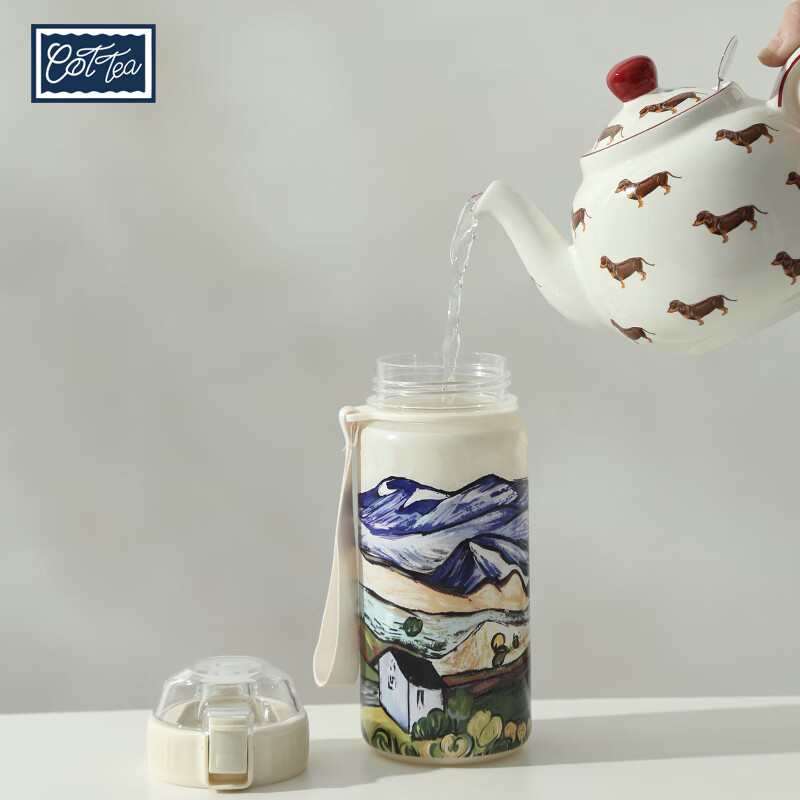 TAEFAIR山景油画弹跳直饮杯茶水分离儿童成人户外便携Tritan高颜值水杯 C-山景小屋Tritan弹跳杯650ml