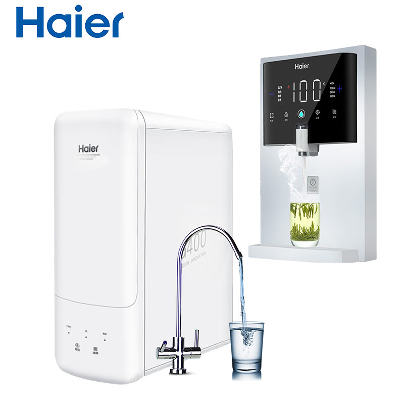 海尔(Haier)家用净水器无桶双出水直HRO4H98-2+管线机HG201-R壁挂式速热饮水机 净饮水套装