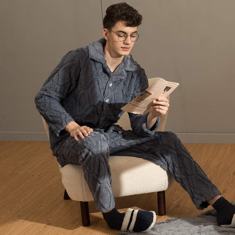芬腾男士睡衣珊瑚绒家居服套装秋冬保暖 M98241403-灰兰 XL