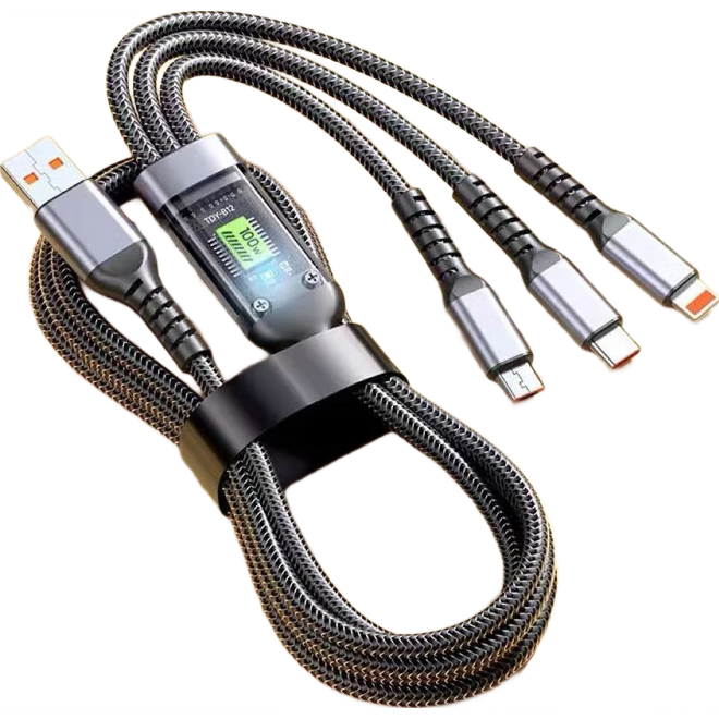 【京东快递】充电线三合一数据线一拖三快充多头编制车载适用苹果Type-c安卓华为荣耀vivo小米oppo 【编织款黑色】三合一1.2米 1.2m【66W透明超级快充不伤机】