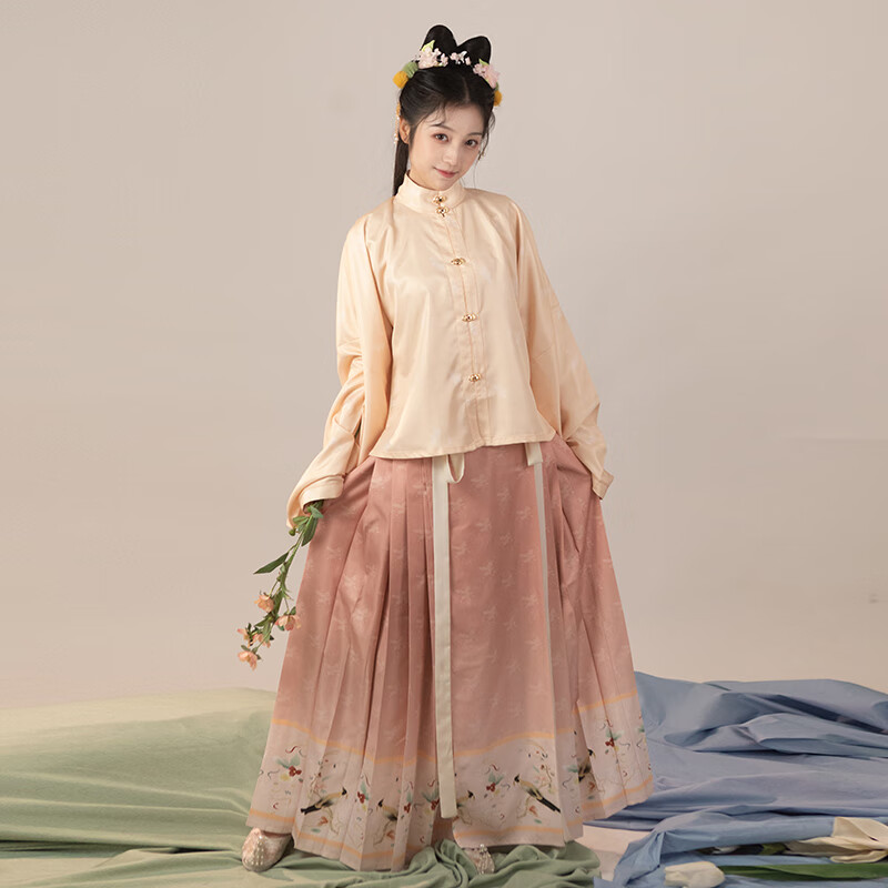 汉服女明制立领对襟琵琶袖马面秋冬国风日常通勤 藕色全套-琵琶袖