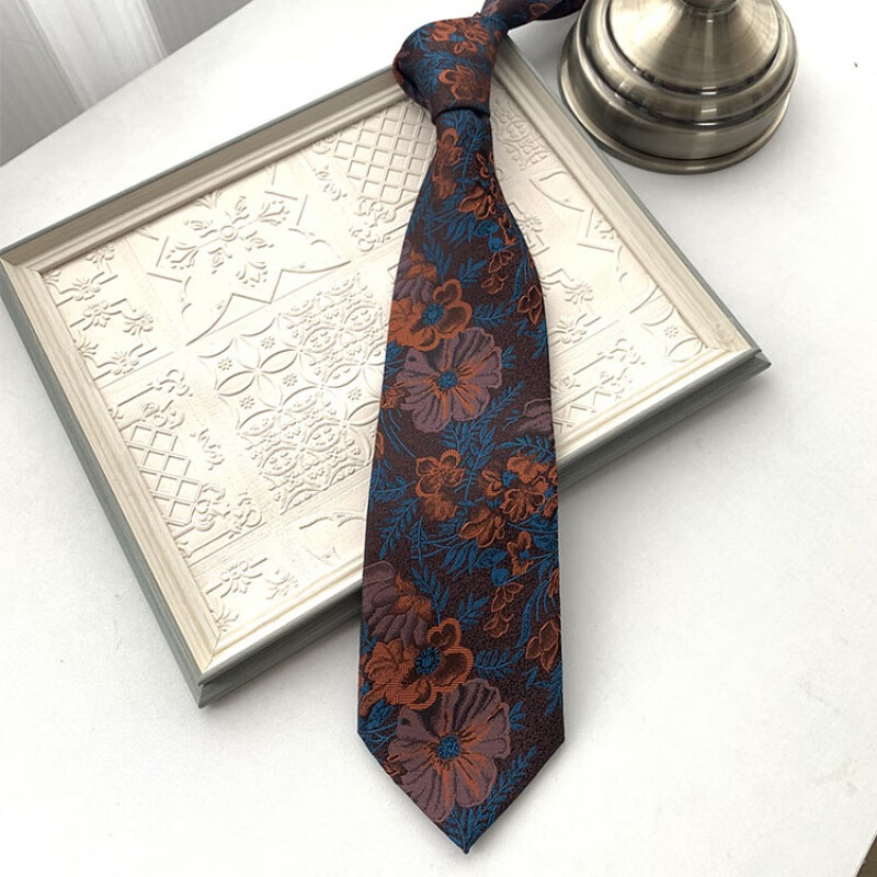 雅澜轩领带男花魁刺绣蓝底复古领带花纹男正装休闲男复古橙色大花个性
