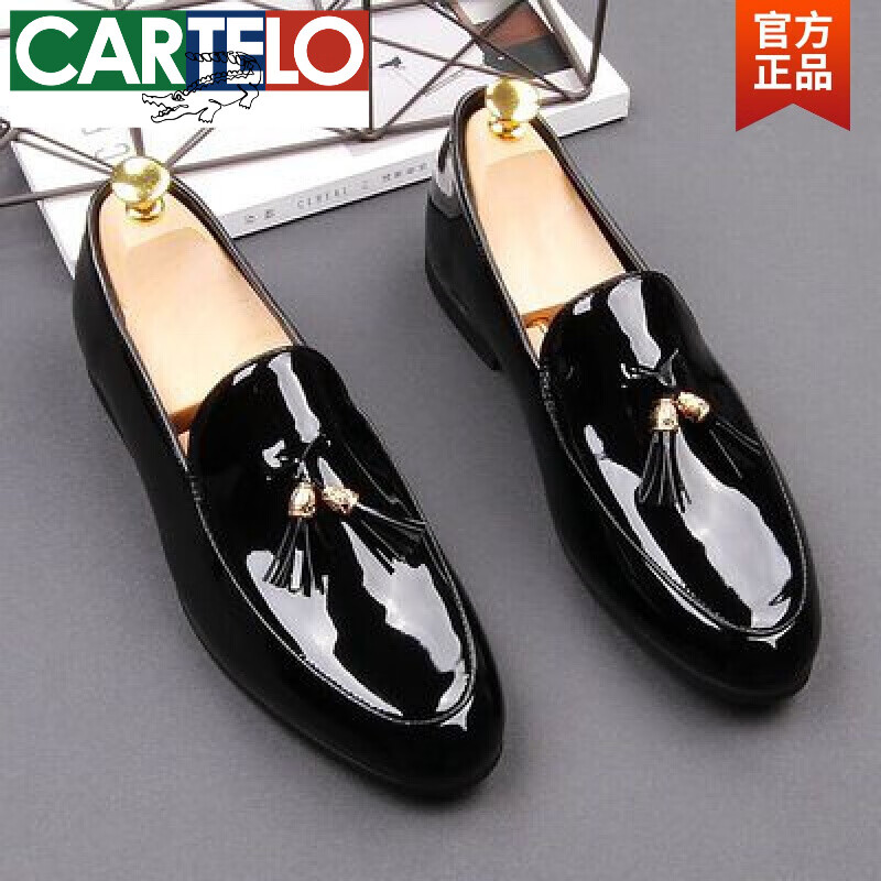 卡帝乐鳄鱼（CARTELO）流苏豆豆鞋男真皮潮流一脚蹬尖头皮鞋男商务正装增高漆皮乐福鞋男 A款黑色 40