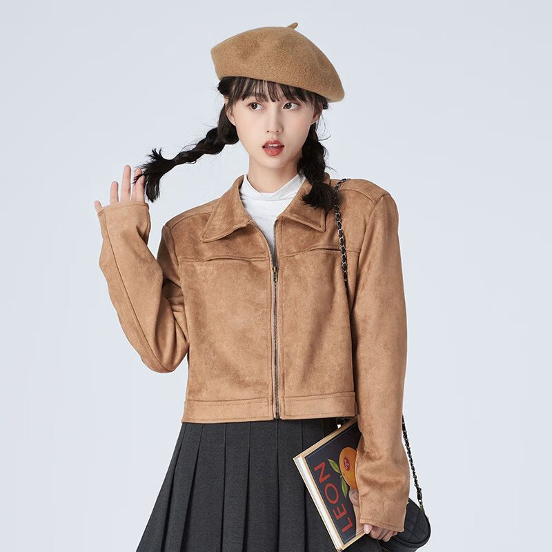 新款上挡次咖啡色时尚短外套女春秋2023新款薄款短款上衣休 咖啡色 高