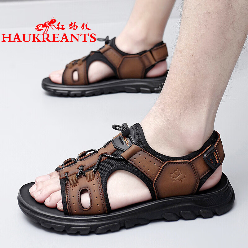 汉克红蚂蚁真皮凉鞋男士新款夏季镂空百搭休闲运动沙滩鞋子男气垫皮