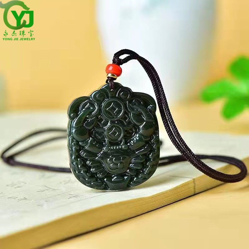 永杰四方神兽八方来财双面雕刻项链吊坠挂件方吊坠玉石男女款礼物带证