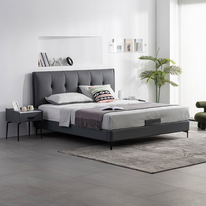 掌上明珠家居(m&z)真皮软床 简约薄床头卧室头层牛皮真皮软包双人床1.