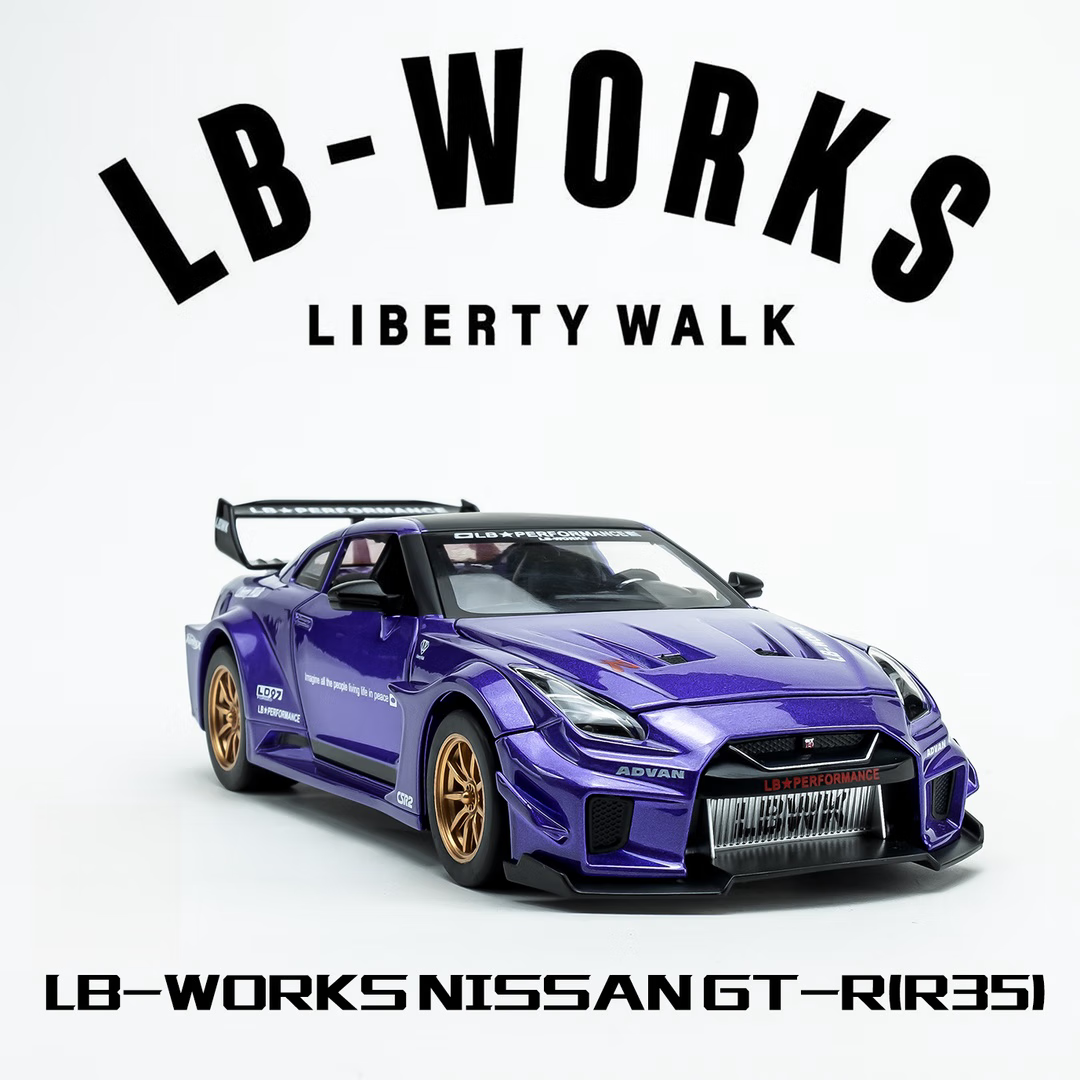 中精质造尼桑GT-R(R35) LBWK改装版1:24合金全开回力声光汽车模型玩具摆件 GT-R35|湾岸紫