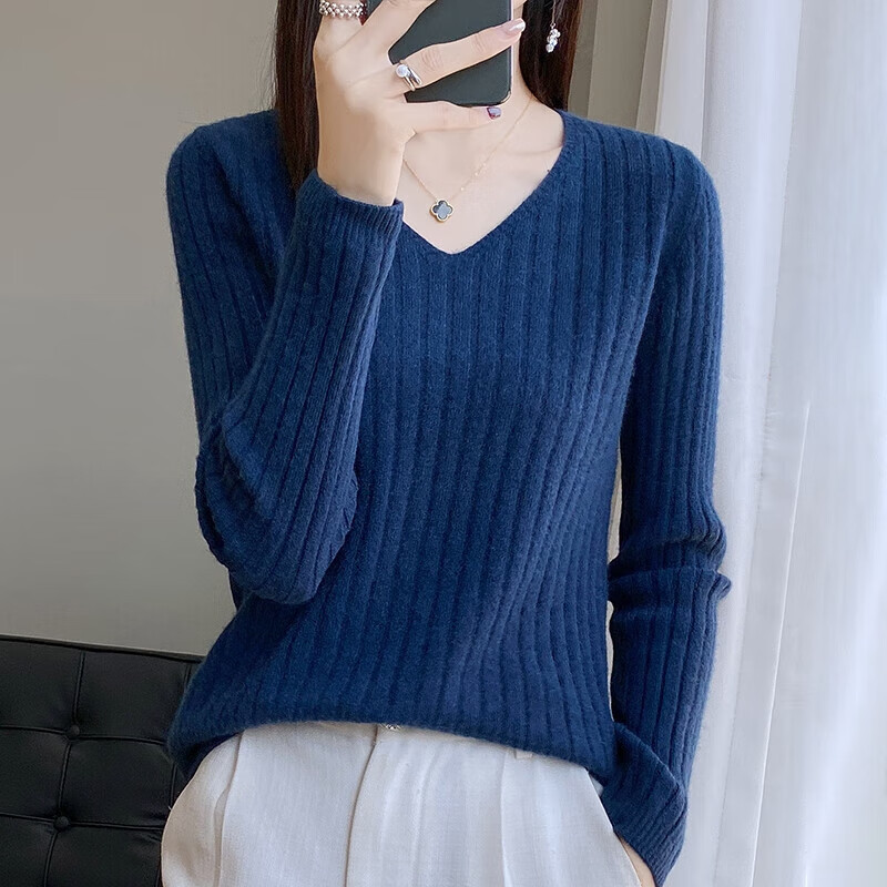 香影芬V领长袖针织衫女打底衫女套头洋气内搭毛衣女简约百搭纯色上衣 白色 M (建议95-105斤)