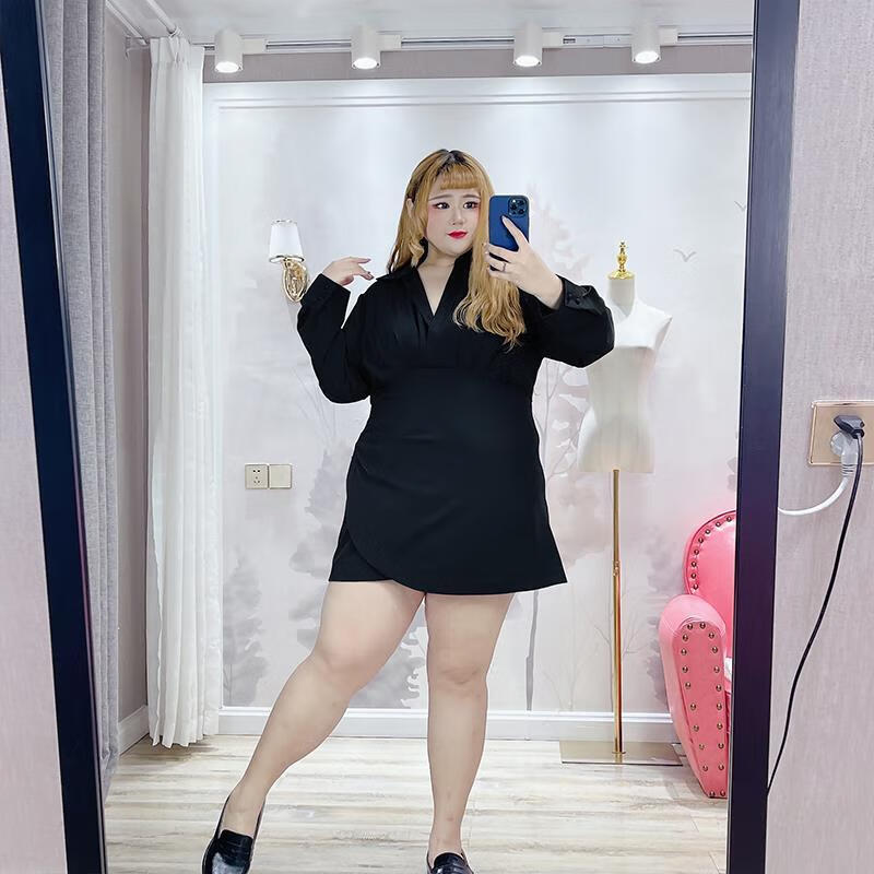 长袖胖妹妹大码装春款胖妹通勤气质掐褶收腰衬 黑色 1xl(130-150斤)