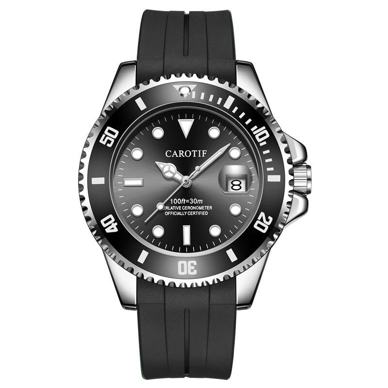 新款全自动机械表男士腕表橡胶带绿水鬼男表防水 c8943黑面-硅胶带