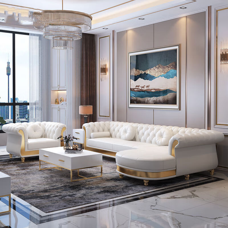 巢堂美式沙发客厅小户型轻奢直排三人位皮艺左右贵妃转角牛皮沙发组合