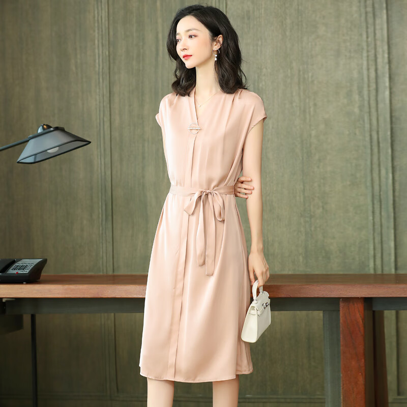 气质真丝连衣裙23夏季舒适修身裙子显瘦优雅减龄桑蚕丝中长裙 香槟色