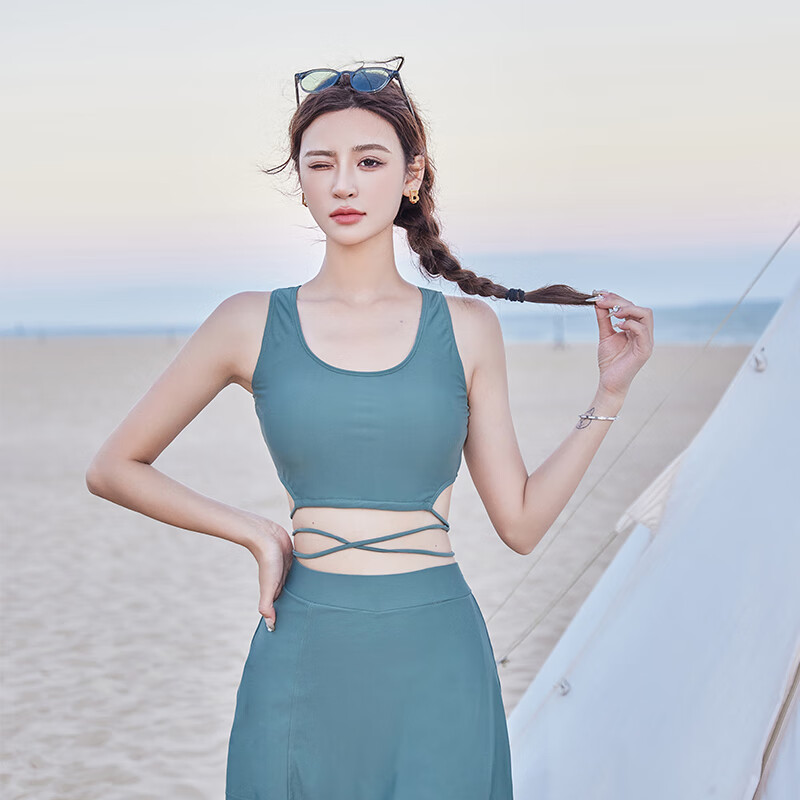 2022新款泳衣女分体裙式三件套带帽可爱少女海滩度假温泉泳装 绿色 m