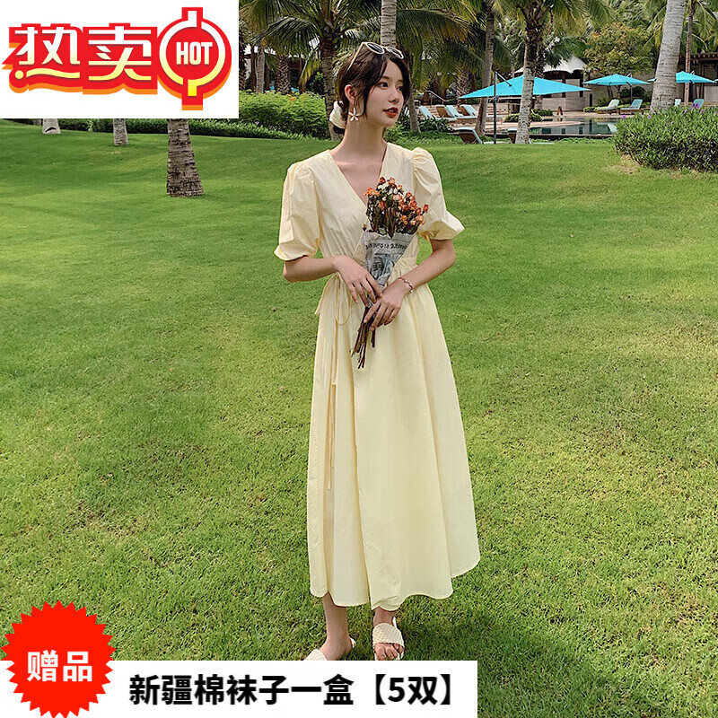 kakv严选实拍浅黄色泡泡袖连衣女夏法式桔梗收腰显瘦领森系复古长裙