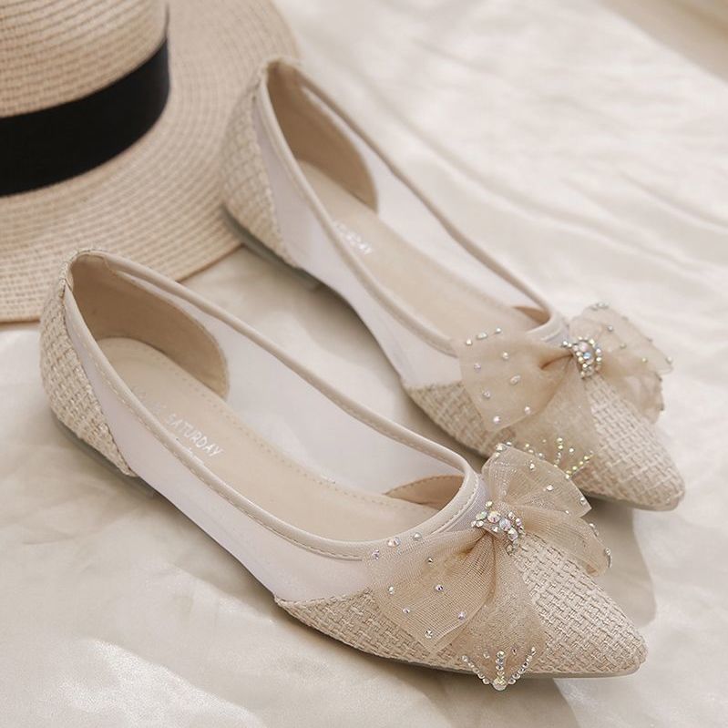 wang夏季透气平跟女瓢鞋新款韩版晚晚风豆豆鞋蝴蝶结网纱尖头平底鞋女