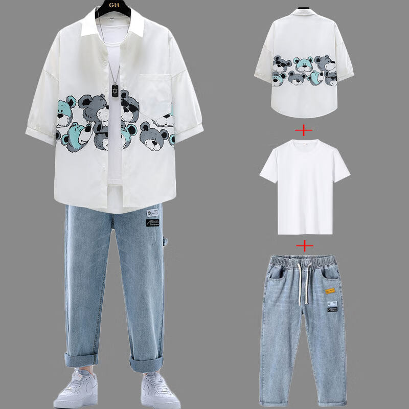 步希凯登夏季套装男七分袖18-24岁高中生大学生男生穿的衬衫男士穿搭