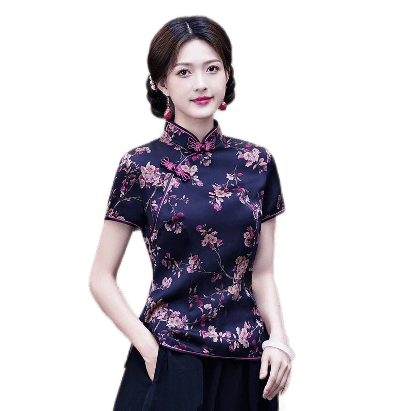 應(yīng)否唐裝套裝女春夏季新款旗袍上衣改良復(fù)古印花唐裝漢服 紫色上衣 XL