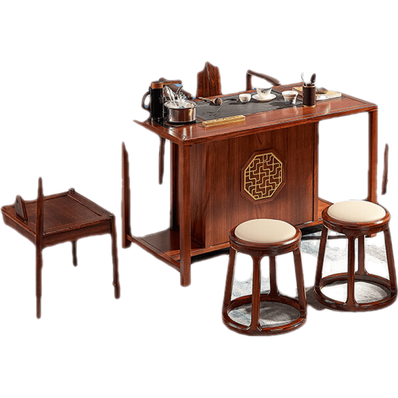 实木茶桌椅组合茶室接待办公新中式功夫乌金木家用禅意泡茶桌茶台 1.2M茶桌+1主人椅+4靠背椅 整装