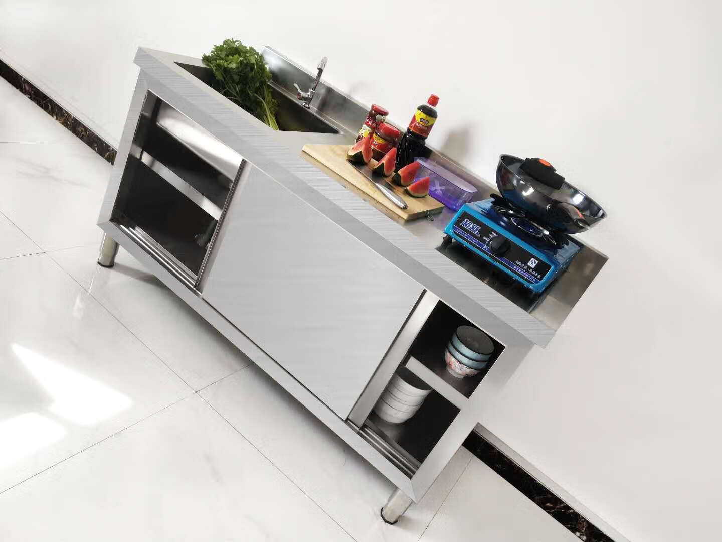 商用不锈钢厨房洗菜盆洗碗池水槽工作台面一体拉门操作台家用橱柜