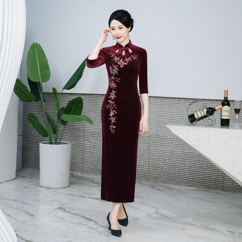 鸿韵绣旗袍春秋款改良丝绒旗袍长款气质喜婆婆高档婚敬酒服日常旗袍裙