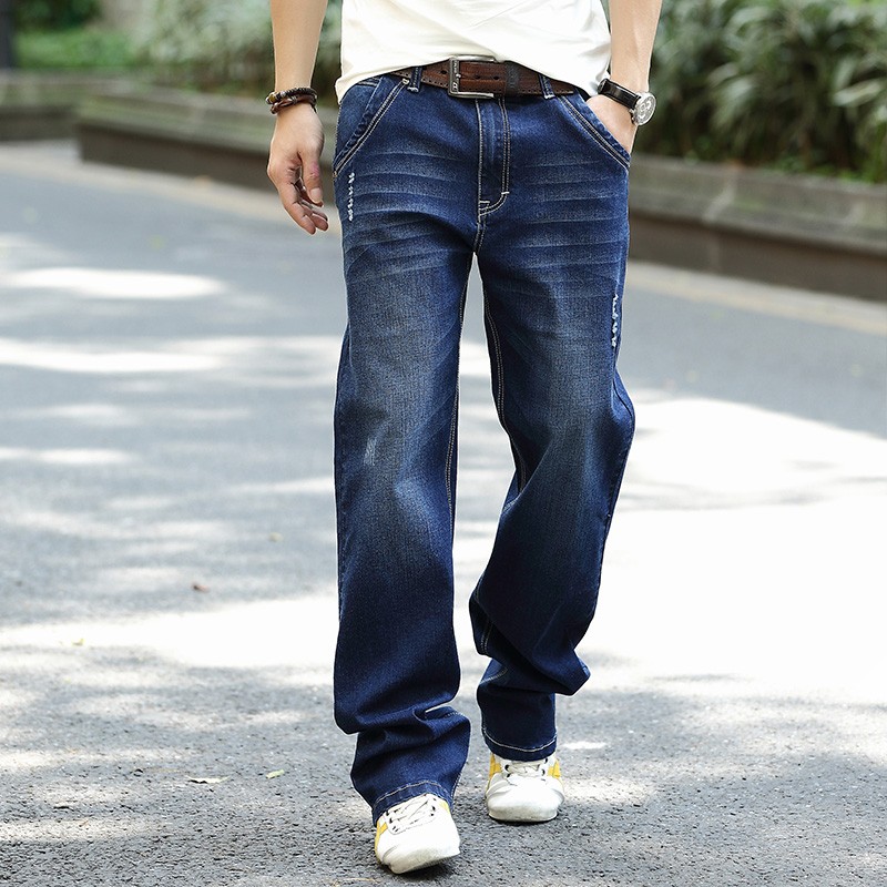 飞诺牛仔裤宽松直筒男士 加肥加大码 破洞休闲长裤 肥佬裤阔腿裤 hsd