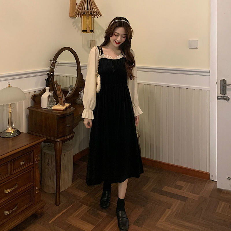 凯安尼女装法式复古小黑裙秋装2021新款收腰显瘦中长款气质连衣裙女